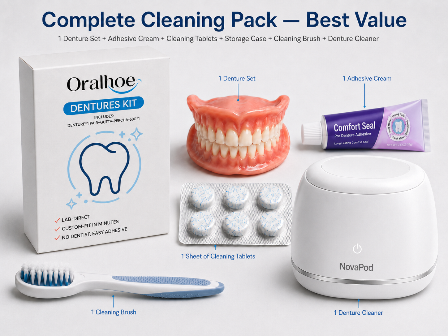 Complete Cleaning Pack — Best Value （1 Denture Set + Adhesive Cream + Cleaning Tablets + Storage Case + Cleaning Brush + Denture Cleaner）