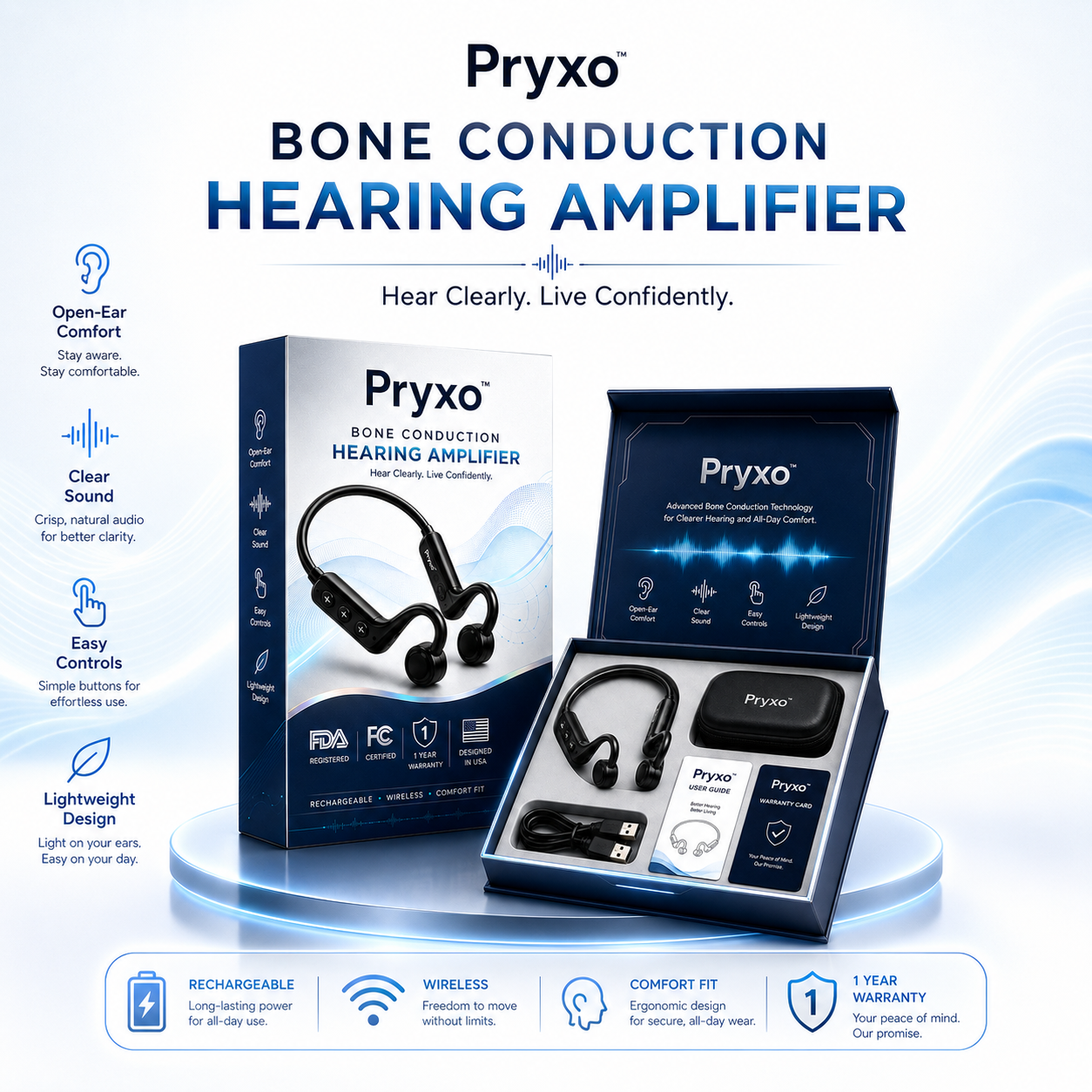 Pryxo bone conduction hearing amplifier package and accessories