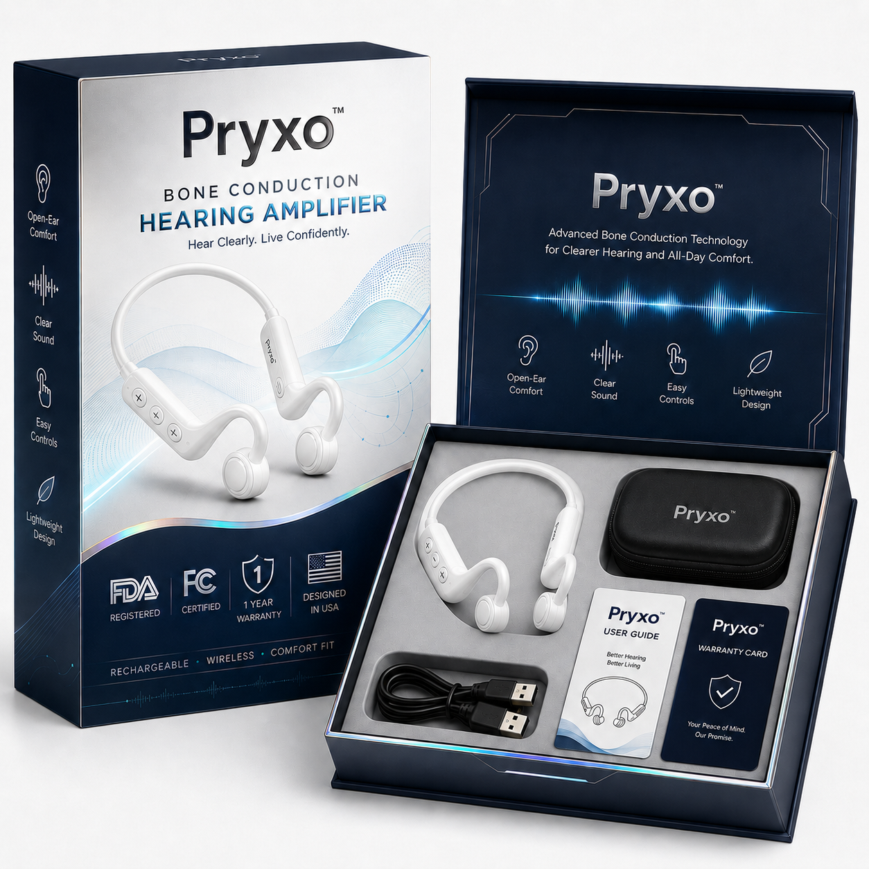 White Pryxo open-ear hearing amplifier package